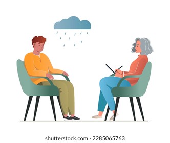 Psychologist listening to patient at mental therapy session. Person talking to psychotherapist. Private psychology, psychotherapy help concept. Vector illustration isolated on white background