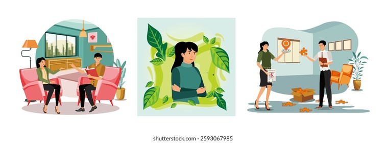 Psychologist listening to patient at mental therapy session. Young girl doing breathing exercise, Care Awareness, mindfulness and meditation. People during mental therapy sessions with psychotherapist