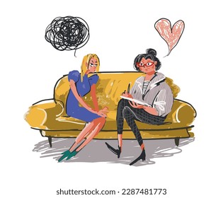 A psychologist listens to a patient in a psychotherapy session, two women are sitting on a couch and talking. Coaching consultations, a humorous sketch about contemporary issues. Flat vector