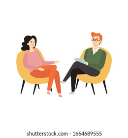 Psychologist man and young girl patient in therapy session. Psychotherapy counseling concept design. Mental health, depression. Vector flat cartoon illustration.