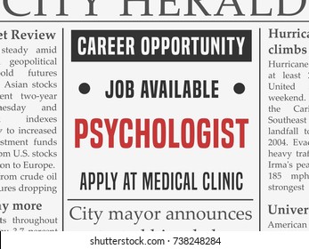 Psychologist Medical Career - Job Hiring Classified Ad Vector In Fake Newspaper.