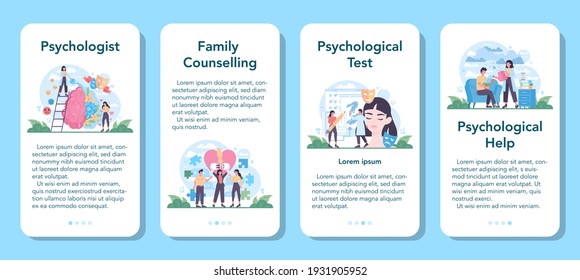 Psychologist mobile application banner set. Mental health diagnostic. Doctor treating human mind. Psychological test and help. Thoughts and emotions analysis. Vector illustration in cartoon style