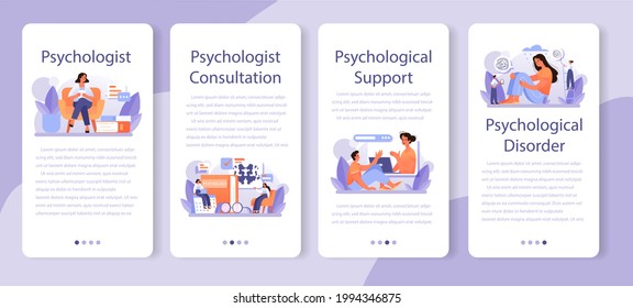 Psychologist mobile application banner set. Mental health diagnostic. Doctor treating human mind. Psychological test and help. Thoughts and emotions analysis. Vector illustration in cartoon style