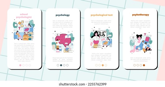 Psychologist mobile application banner set. Mental health diagnostic. Doctor treating human mind. Psychological test, thoughts and emotions analysis. Flat vector illustration