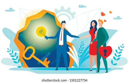 Psychologist Offers Idea for Solving Family Problem, Finding Understanding, Renovation Relationships. Man with Gloving Light Bulb Leading Couple with Locked Heart in Cave with Key. Vector Illustration