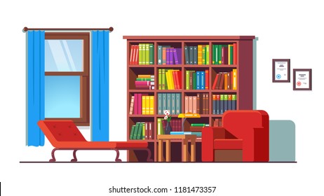 Psychologist office with couch, armchair, big bookcase and window. Psychology counseling workplace. Cozy room interior with furniture & books library. Flat style vector illustration isolated on white