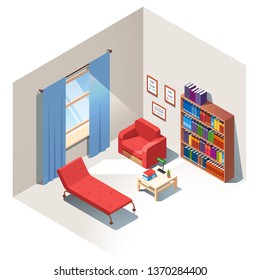 Psychologist office with couch, armchair, big bookcase and window. Psychology counseling workplace. Cozy room interior with furniture & books library. Flat isometric pseudo 3d vector illustration