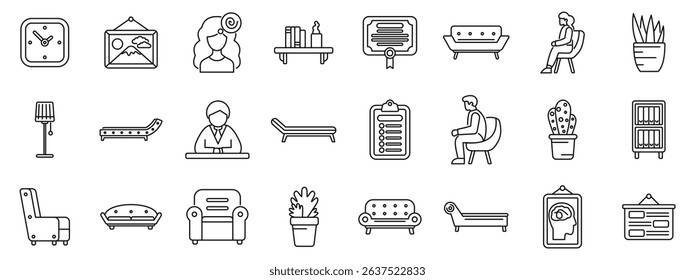  Psychologist office icons set. Psychotherapist consulting room icons showing furniture, plants, diploma, patient, and doctor