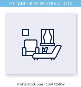 Psychologist office line icon. Psychotherapist cabinet, room. Psychotherapy, consultation, help. Mental health care and treatment concept. Isolated vector illustration. Editable stroke 
