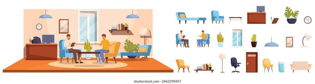 Psychologist office vector. A man and a woman are sitting in a living room. The man is holding a book and the woman is holding a tablet. The room is furnished with a couch, a chair, and a potted plant