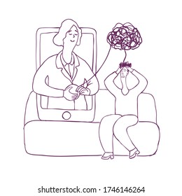 Psychologist on the phone unravels a ball of confused thoughts. Psychologist consultation, online consultation, linear drawing .line. vector