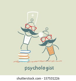 psychologist is on a stack of books and gives the patient a tablet