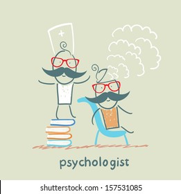 psychologist is on a stack of books and produces steam from the patient's head