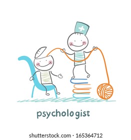 psychologist is on a stack of books and pulls the threads of the patient's head