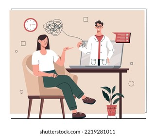 Psychologist Online Concept. Woman Communicates With Specialist Through Computer. Professional Help, Mental Health Care. Negative Emotions And Mood. Poster Or Banner. Cartoon Flat Vector Illustration