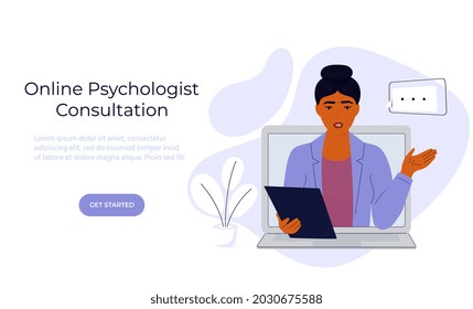 Psychologist online. Indian woman psychotherapist consults by video call on laptop. eTherapy. Psychotherapeutic, psychiatric aid. Web page template.