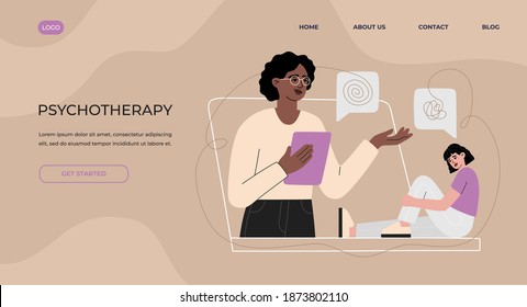 Psychologist online landing page concept, psychological help for a woman with depression and a mental disorders. Girl have conversation with psychoanalyst, helpline service. Modern vector illustration