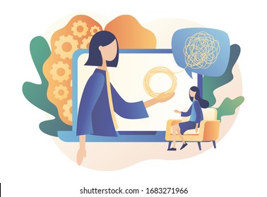 Psychologist Online. Psychology. Psychotherapy Practice, Psychological Help, Psychiatrist Consulting Patient. Modern Flat Cartoon Style. Vector Illustration On White Background