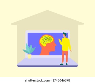 Psychologist online. Psychotherapy practice, psychiatrist consulting patient. Psychology. Creative flat cartoon style. Mental disorder treatment. Vector illustration. 