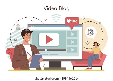 Psychologist online service or platform. Mental health diagnostic. Doctor treating human mind. Psychological test and help. Video blog. Flat vector illustration