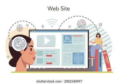 Psychologist online service or platform. Mental health diagnostic. Doctor treating human mind. Psychological test and help. Website. Flat vector illustration