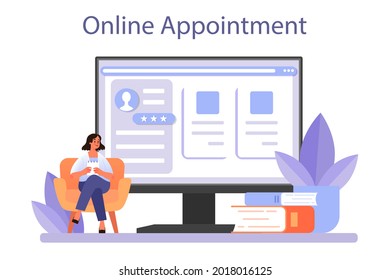 Psychologist online service or platform. Mental health diagnostic. Doctor treating human mind. Psychological help. Online appointment. Flat vector illustration