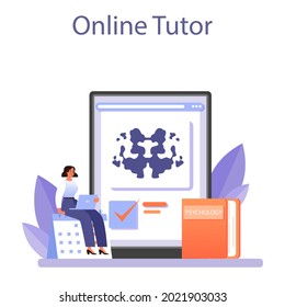 Psychologist online service or platform. Mental health diagnostic. Doctor treating human mind. Psychological help. Online tutor. Flat vector illustration