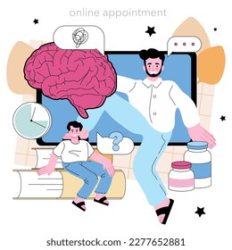 Psychologist online service or platform. Mental health diagnostic and treatment. Test, thoughts nd emotions analysis. Online appointment. Flat vector illustration