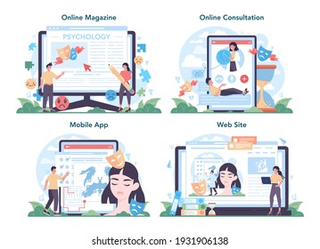 Psychologist online service or platform set. Mental health diagnostic. Thoughts and emotions analysis. Online magazine, consultation, mobile app, website. Vector flat illustration