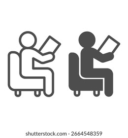 Psychologe mit Papier in Stuhllinie und solidem Icon, Familientherapiekonzept. Vektorgrafiken. Mann mit Testpapier, Psychologiezeichen auf weißem Hintergrund, Umrissstil-Symbol für Mobil- oder Webdesign