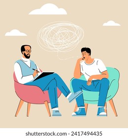 Psychologist an patient. Couple talking, flat characters sitting on chairs. Psychotherapy session or psychological consultation. Sad frustrated guy vector character