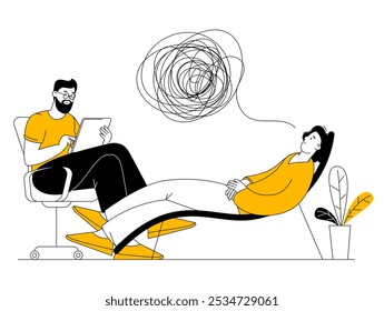 Psicólogo e paciente. Casal conversando, personagens planos sentados em cadeiras. Sessão de psicoterapia ou consulta psicológica. Triste personagem vetor cara frustrado