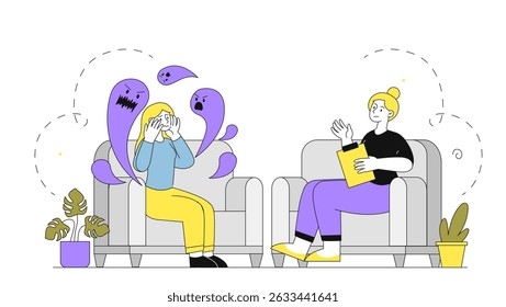 Psicólogo com paciente. O médico ajuda a menina com problemas mentais. Paranoia e esquizofrenia, depressão. Psicoterapeuta trata trauma psicológico. Ilustração de vetor linear