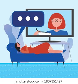 Psychologist and patient online. Flat vector stock illustration. Online psychotherapy concept, psychologist consultation, depression treatment. Illustration with psychologist and psychotherapy