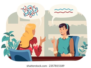 Psychologist and patient psychotherapy session. Psychotherapist or psychiatrist doctor woman help person with mental problem. Psychology counseling, health, therapy concept flat vector illustration