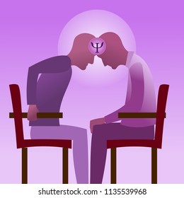 Psychologist and patient sitting opposite each other, a symbol of psychology. Metaphorical illustration of the work of a psychologist. Psychology, psychiatry.