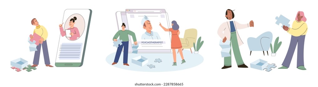 Psychologist and patient with tangled and untangled mind metaphor, doctor solving psychological problems couch consultation, mental health. Online ai therapy. Mental therapy sessions game. Life puzzle