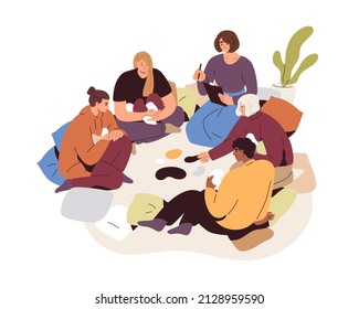 Psychologist and patients at group therapy session. People at psychotherapy meeting in circle. Psychology concept. Psychotherapist at rehab club. Flat vector illustration isolated on white background
