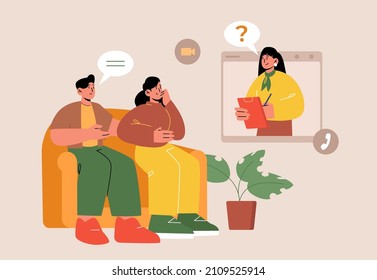 Psychologist And Patients Meeting On Online Therapy Session. Vector Flat Illustration Of Psychotherapist Counseling Couple By Video Call. Concept Of Virtual Professional Mental Health Consultation