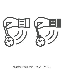 Psychologist pendulum clock in hand line and solid icon, psychology concept. Vector graphics. Hand with swing clock on chain sign on white background, outline style icon for mobile or web design