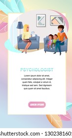 Psychologist Practice Cartoon Vector Vertical Web Banner. Mother Sitting in Armchair, Visiting Doctors Office with Kids Illustration. Children Upbringing Online Consultation Landing Page Template