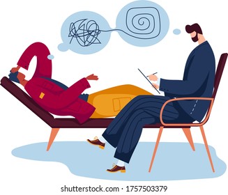 Psychologist professional help male character patient, man lay with mind problem isolated on white, cartoon vector illustration. Counselor work write diagnosis consciousness question.