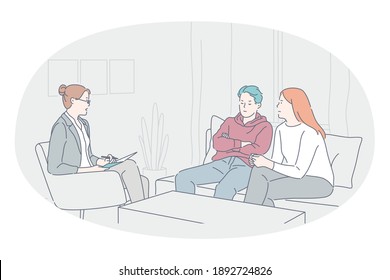 Psychologist and professional support concept. Young unhappy teem couple or woman with soon teenager sitting and listening to woman psychologist recommendations during visit vector illustration 