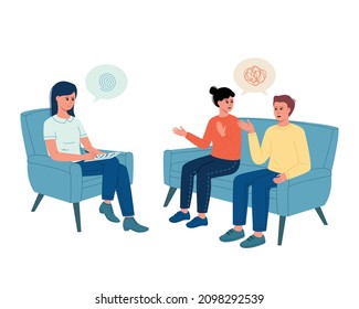 Psychologist and professional support concept. Young unhappy  couple: woman and man sitting, talking and listening to woman psychologist recommendations during visit. vector illustration