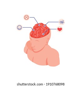 Psychologist psychiatrist isometric composition with human body and open head with brain zone captions vector illustration