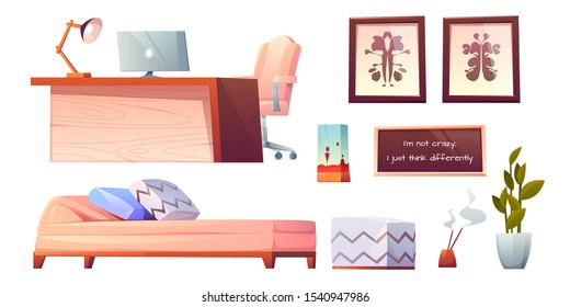 Psychologist, psychotherapist office stuff and furniture set isolated on white background, table with pc, armchair, couch with pillows, rorschach test, lamp plant Cartoon vector illustration, clip art