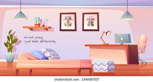 Psychologist, psychotherapist office with stuff and furniture, practitioner cabinet with pc on table, armchair, couch with pillows, rorschach test on wall, lamp and plant. Cartoon vector illustration