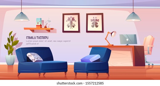 Psychologist, psychotherapist office with stuff and furniture for family therapy, practitioner cabinet in clinic with table, couches with pillows, rorschach test on wall. Cartoon vector illustration