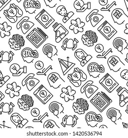 Psychologist seamless pattern with thin line icons: psychiatrist, disease history, armchair, pendulum, antidepressants, psychological support. Vector illustration for medical web site background.
