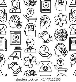 Psychologist seamless pattern with thin line icons: psychiatrist, disease history, armchair, pendulum, antidepressants, psychological support. Vector illustration.